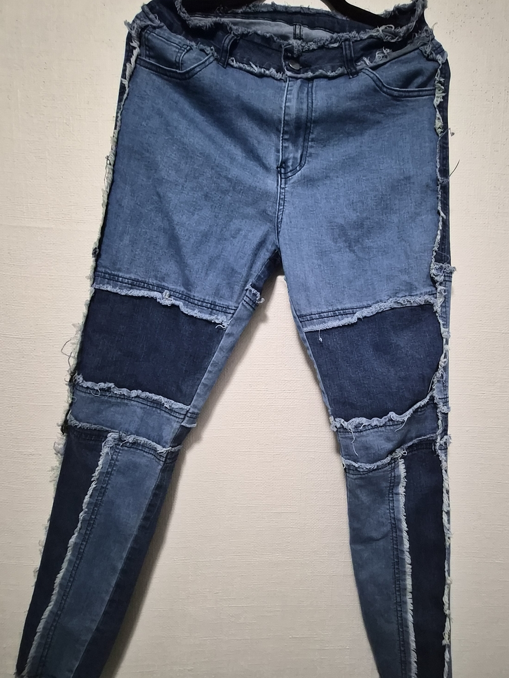 SHEIN Frayed Patchwork Denim Pants in Dark & Light Blue